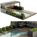 Outdoor Patio Design With Wooden Deck Small Pool Green Plants And Sofa Seating Area