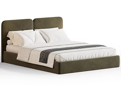 Modern Double Bed with Upholstered Green Headboard White Pillows and Striped Blanket 3d model