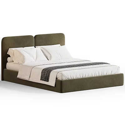Modern Double Bed with Upholstered Green Headboard White Pillows and Striped Blanket 3d model