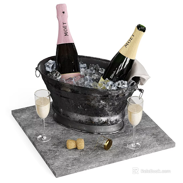 Champagne Ice Bucket With Bottles Glasses And Corks 3d model 