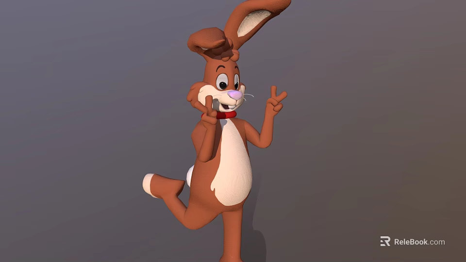Playful Brown Cartoon Rabbit With Big Ears Red Bow Tie And Cheerful V Sign 3d model 