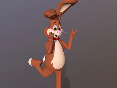 Playful Brown Cartoon Rabbit With Big Ears Red Bow Tie And Cheerful V Sign 3d model