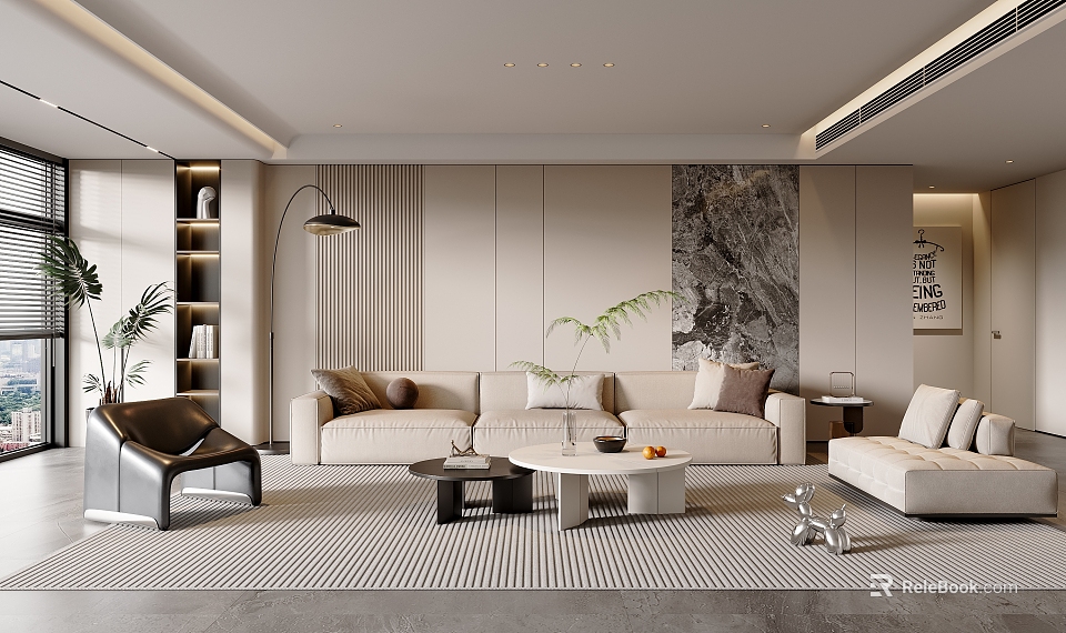Modern Living Room Interior With Beige Sofa Black Armchair Coffee Tables And Floor Lamp 3d model 