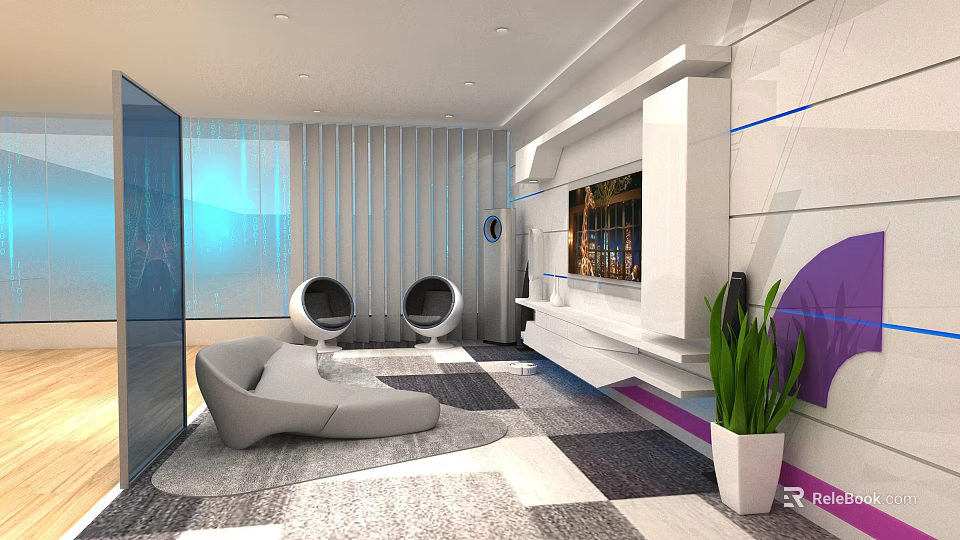 Futuristic Modern Living Room Interior With Unique Stylish Furniture And Sleek TV Wall Design 3d model 