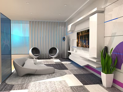 Futuristic Modern Living Room Interior With Unique Stylish Furniture And Sleek TV Wall Design 3d model