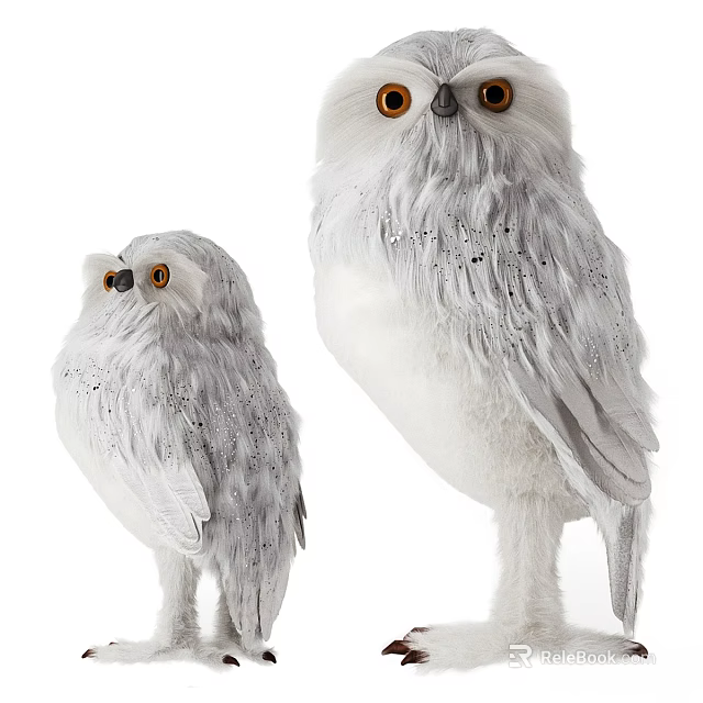 Set Of Two Gray Plush Owl Figurines As Decorative Wall Decor For Home 3d model 