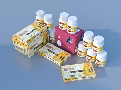 Yellow Medical Supply Bottles and Packaging Boxes with Red Container for Daily Use 3d model