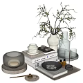 Decorative Ornament Set With Ceramic Vase Green Branches Books And Candle Holder
