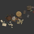 Architectural Scattered Model Pieces With Wooden Chair Books Boxes And Round Stool