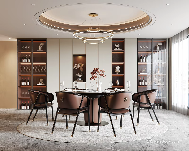 Modern Restaurant Interior Featuring Round Dining Table Brown Chairs Wine Racks Chandelier and Decorations 3d model 