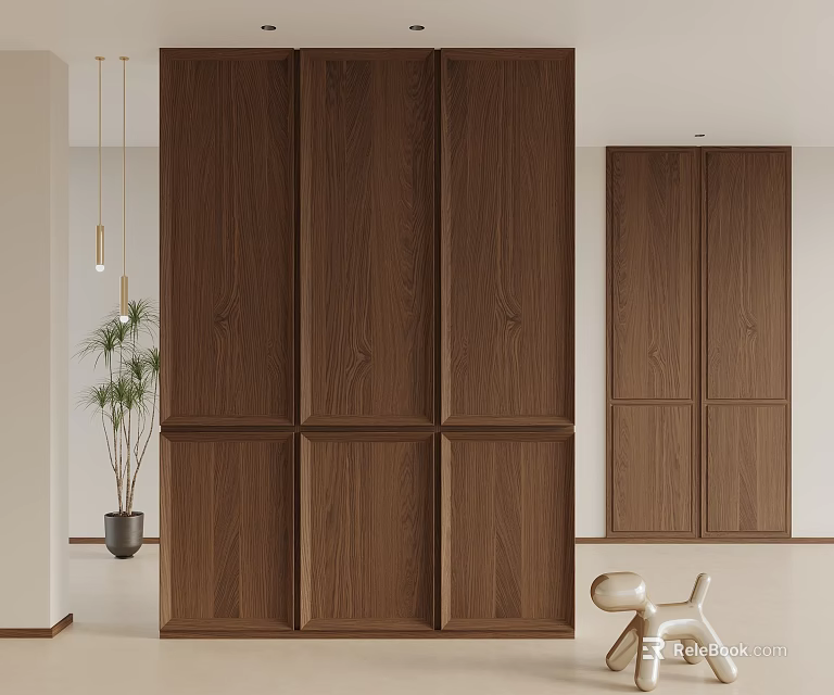 Modern Room Interior With Large Wooden Wardrobes Potted Plant And Sculpture 3d model 