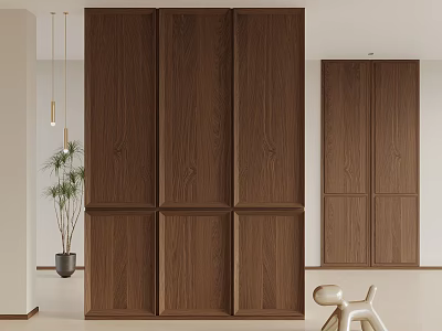 Modern Room Interior With Large Wooden Wardrobes Potted Plant And Sculpture 3d model