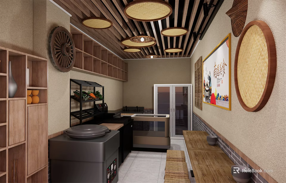 Traditional Restaurant Interior With Wooden Decor Bamboo Lanterns And Open Dining Space 3d model 