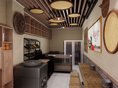 Traditional Restaurant Interior With Wooden Decor Bamboo Lanterns And Open Dining Space 3d model