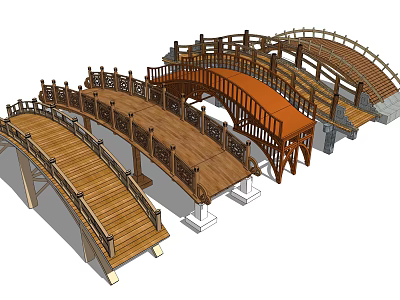 Traditional Wooden Bridges With Carved Railings And Curved Arch Structures Design 3d model