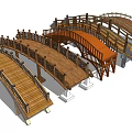 Traditional Wooden Bridges With Carved Railings And Curved Arch Structures Design