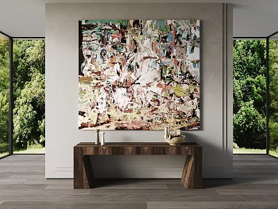 Large Abstract Painting On Wall In Modern Room With Green Trees View And Wooden Bench 3d model