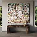 Large Abstract Painting On Wall In Modern Room With Green Trees View And Wooden Bench