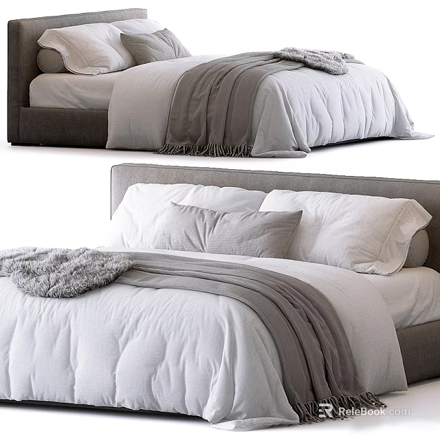 Modern Double Bed Interior With White Bedding Gray Blanket And Pillows 3d model 