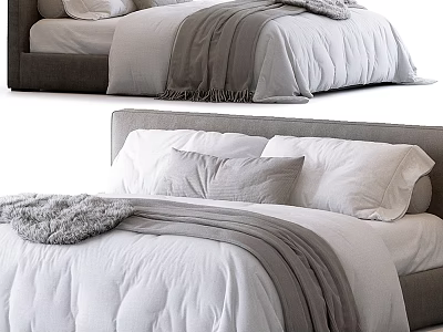 Modern Double Bed Interior With White Bedding Gray Blanket And Pillows 3d model