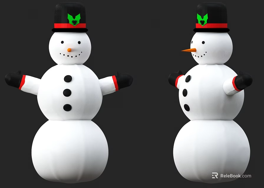 Snowman Landscape Sculpture With Black Hat Green Detail Red Brim Black Buttons Gloves Orange Nose 3d model 