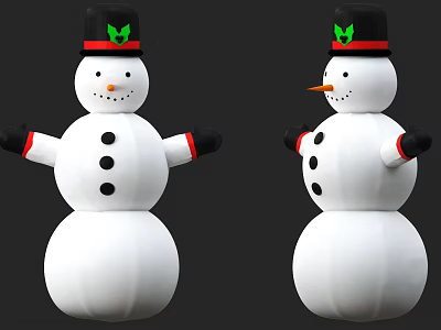 Snowman Landscape Sculpture With Black Hat Green Detail Red Brim Black Buttons Gloves Orange Nose 3d model