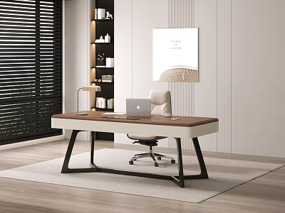 Modern Home Office Desk With Laptop Chair Bookshelf Window Blinds And Wall Art 3d model