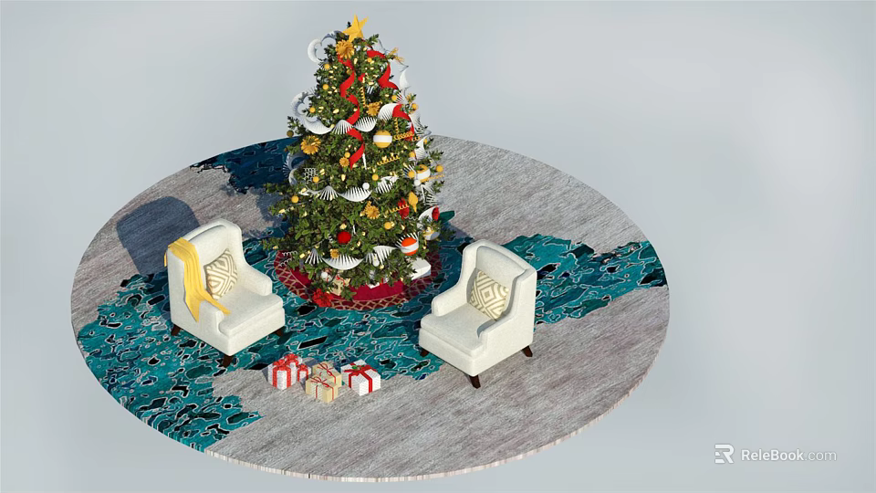White Single Sofa With Christmas Tree And Gift Boxes On Decorative Rug 3d model