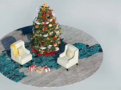 White Single Sofa With Christmas Tree And Gift Boxes On Decorative Rug 3d model