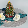 White Single Sofa With Christmas Tree And Gift Boxes On Decorative Rug 3d model