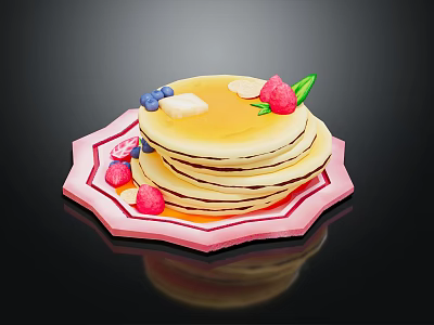 Fluffy Stacked Pancakes Topped With Fresh Blueberries Raspberries Butter And Syrup On Pink Plate 3d model