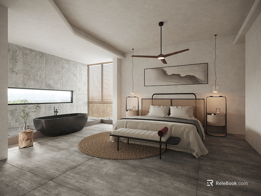 Modern Hotel Guest Room Interior With King Bed Bathtub Wall Art And Large Window 3d model 