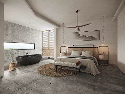 Modern Hotel Guest Room Interior With King Bed Bathtub Wall Art And Large Window 3d model