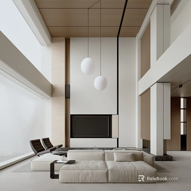 Duplex Living Room Modern Interior With High Ceiling Pendant Lights Beige Sofa TV Wall And Natural Light 3d model 