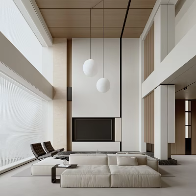Duplex Living Room Modern Interior With High Ceiling Pendant Lights Beige Sofa TV Wall And Natural Light 3d model