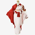 Traditional Red And White Kimono With Elegant Flower Patterns And Obi Belt