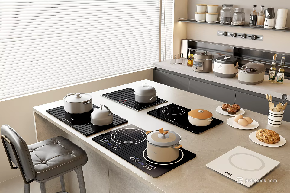 Modern Kitchen Interior With Induction Cooktops Electric Kettles Cooking Pots And Small Appliances 3d model 