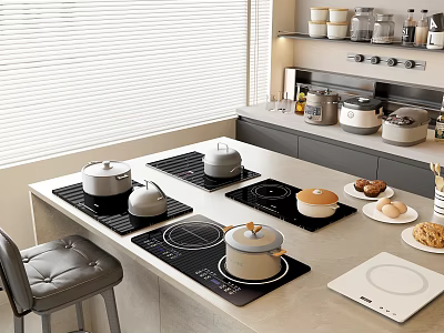 Modern Kitchen Interior With Induction Cooktops Electric Kettles Cooking Pots And Small Appliances 3d model