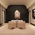 Modern Hotel Lobby Interior With Archway Pendant Light Beige Armchairs And Wooden Bookshelves