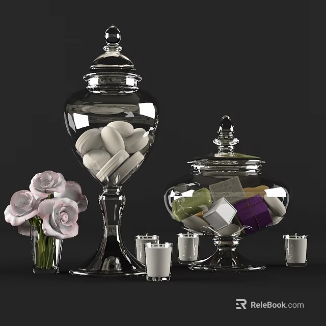 Elegant Ceramic Jars with Lids Holding Candies and Roses with Small Candles 3d model 