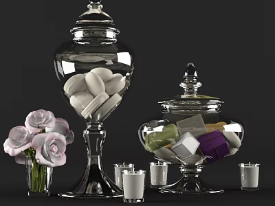 Elegant Ceramic Jars with Lids Holding Candies and Roses with Small Candles 3d model