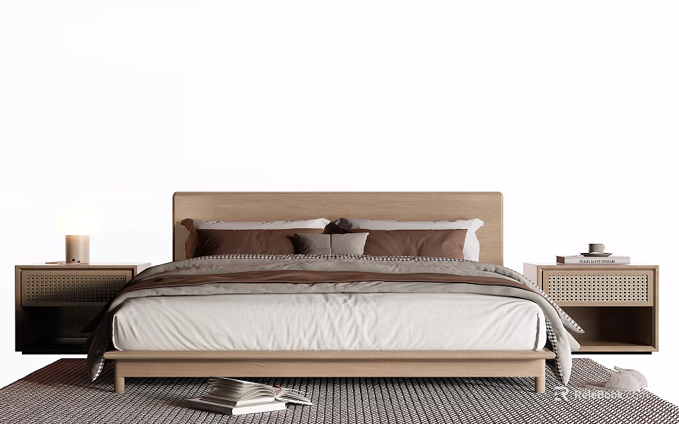 Cozy Modern Double Bed With Wooden Headboard Pillows Bedside Tables And Area Rug 3d model 