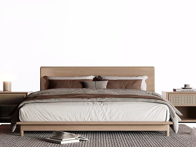 Cozy Modern Double Bed With Wooden Headboard Pillows Bedside Tables And Area Rug 3d model