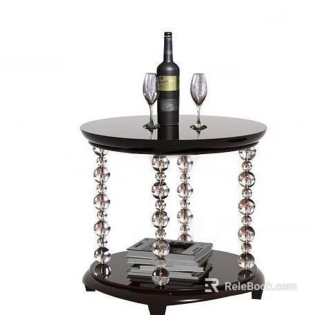 Elegant Round Side Table With Crystal Bead Legs Wine Bottle Wine Glasses And Stacked Books 3d model 