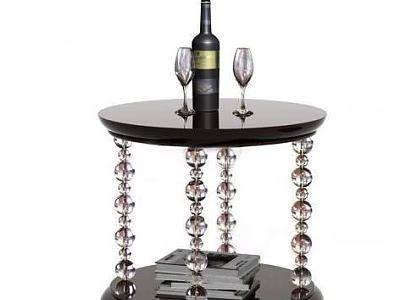 Elegant Round Side Table With Crystal Bead Legs Wine Bottle Wine Glasses And Stacked Books 3d model