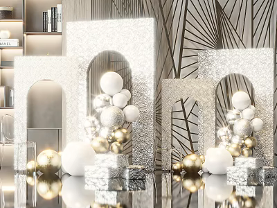 Shiny Silver Inflatable Arch Decor With Gold White Balloons And Reflective Floor 3d model