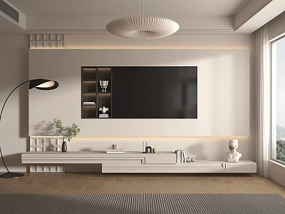 Modern TV Wall Design With White Tiered Shelves Media Console Decor Items And Floor Lamp 3d model