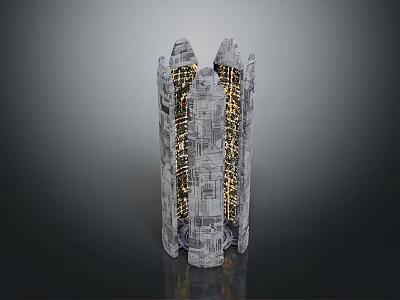 Cartoon Scene Featuring Gray Futuristic Structure With Golden Glowing Interior And Sci Fi Texture 3d model