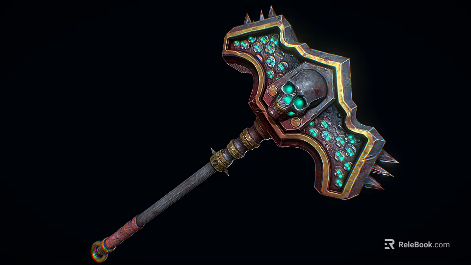 Fantasy Battle Axe With Green Gems Skull Decoration Golden Handle And Spiked Edges 3d model 