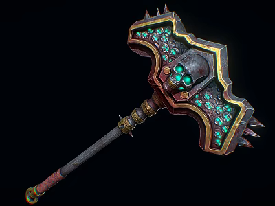 Fantasy Battle Axe With Green Gems Skull Decoration Golden Handle And Spiked Edges 3d model